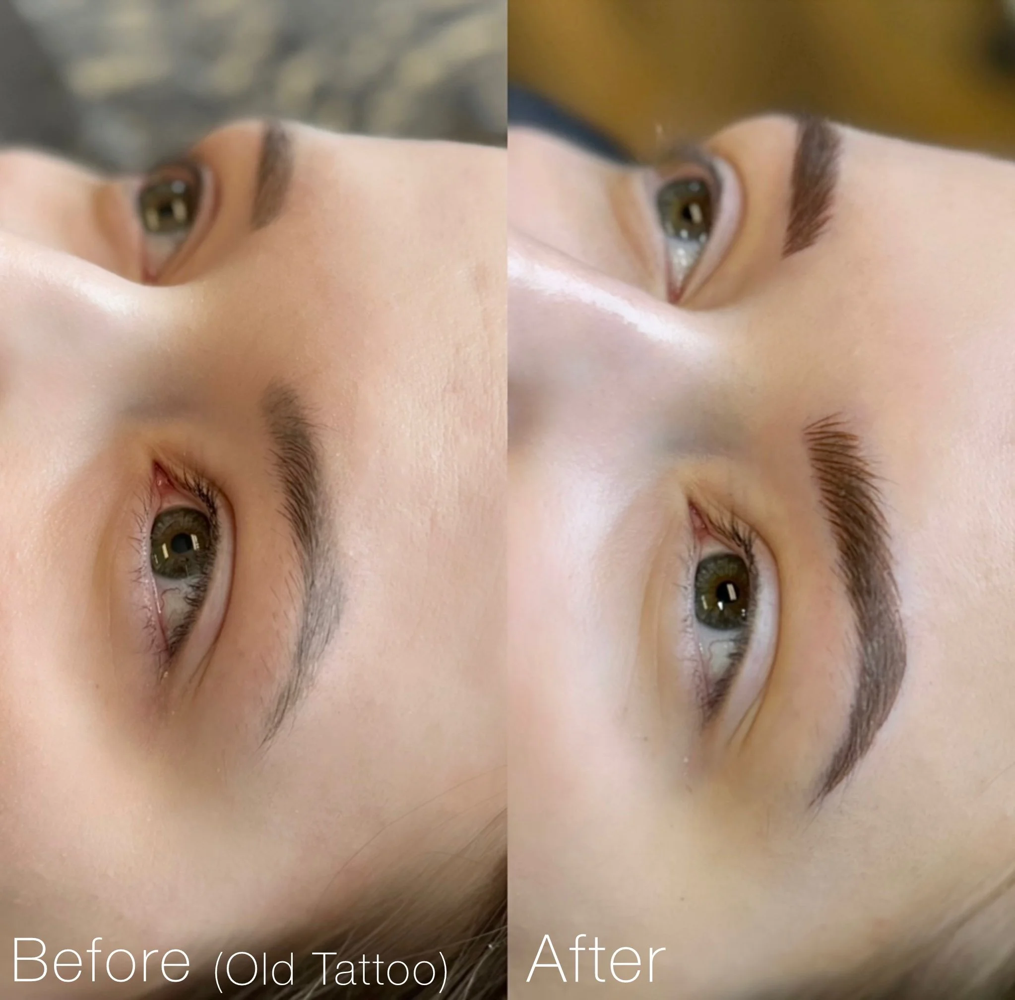 Close-up of a person's face showing eyebrows before and after cosmetic tattooing, with the before side having sparse eyebrows and the after side having filled-in, darker nano brows.