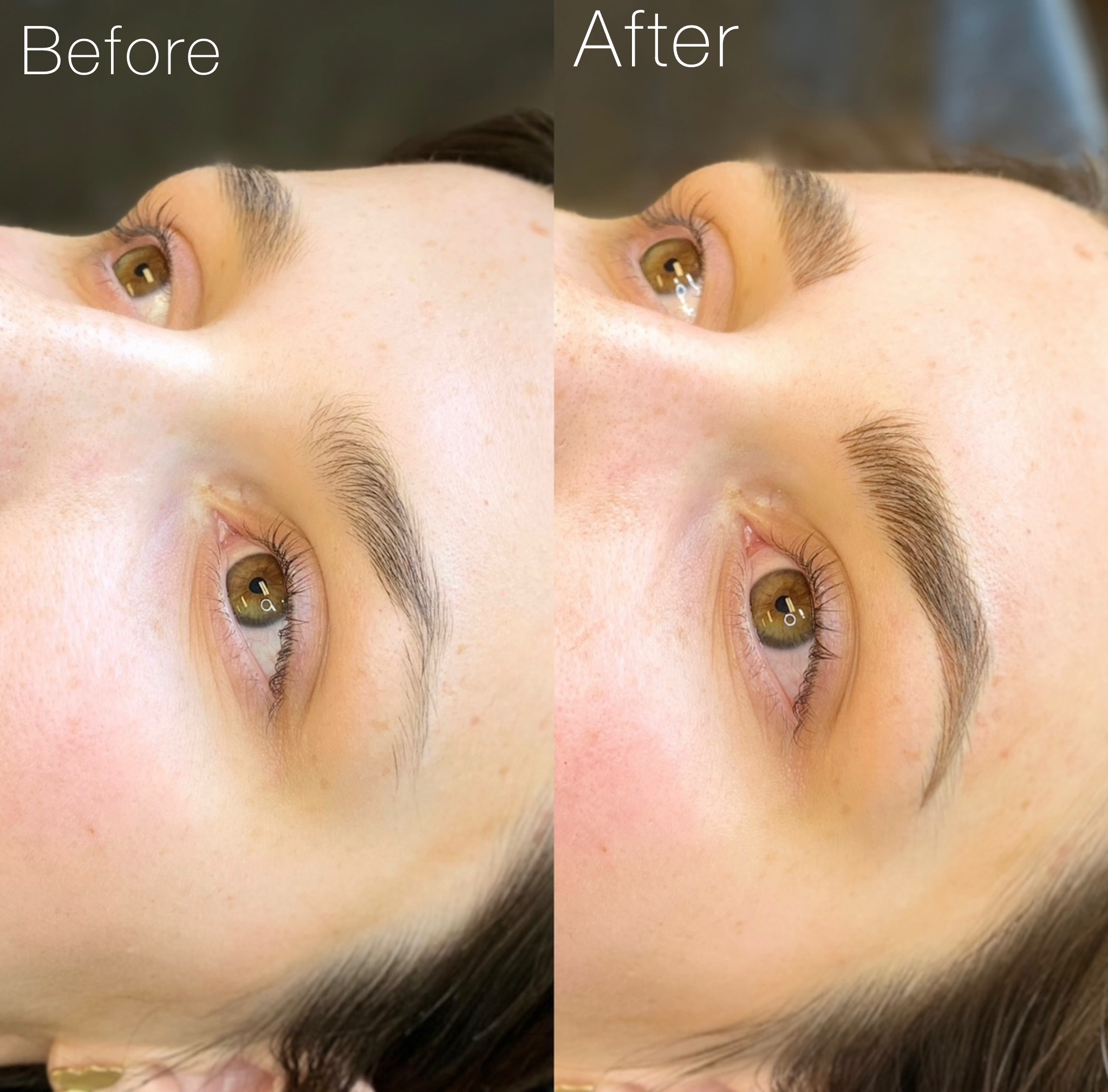 Comparison of a woman's face before and after a cosmetic makeup procedure, focusing on the eyebrow area, showing improvements in eyebrow grooming and skin smoothness.
