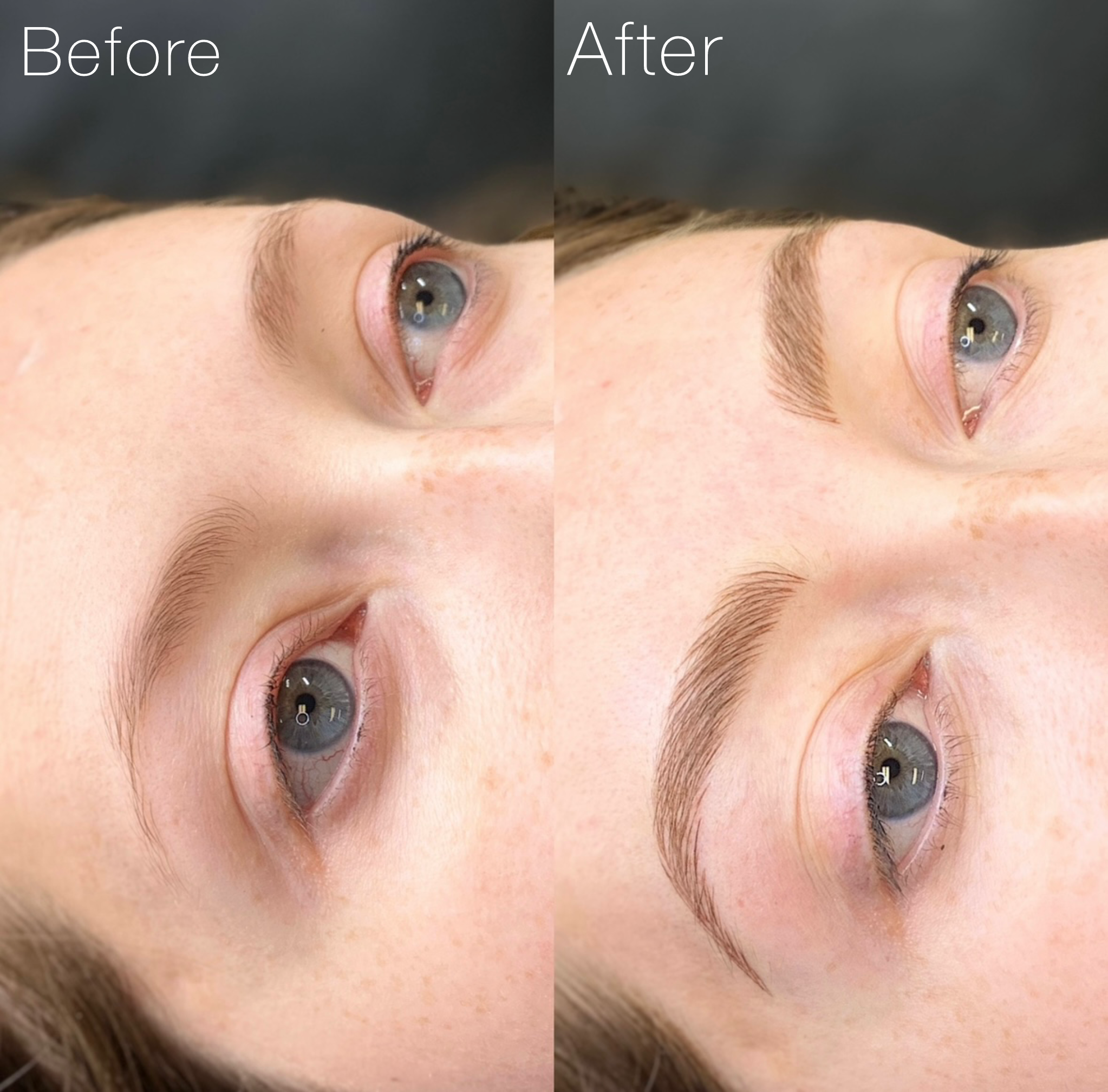 Close-up of a person's eye area showing before and after eyebrow microblading treatment, with the right side displaying fuller, more defined eyebrows.