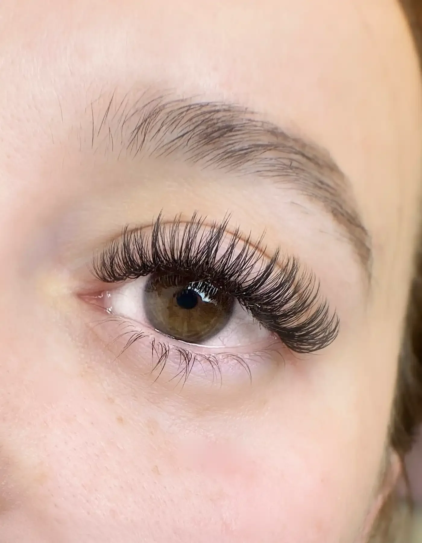 Close-up of a person's eye with long, curled eyelashes, brown iris, and well-groomed eyebrow.
