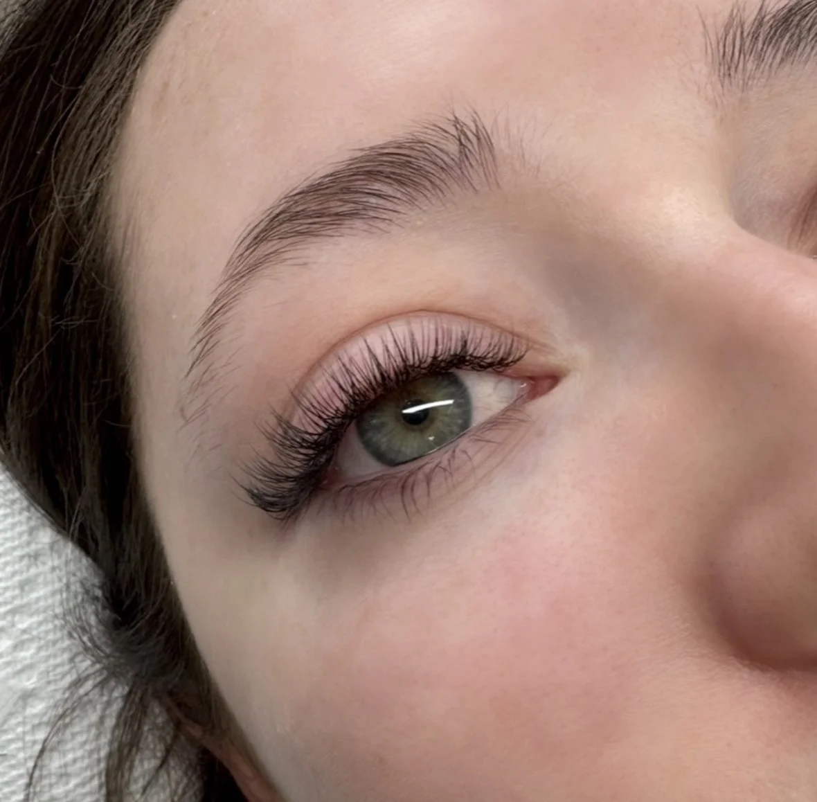 Close-up of a woman's eye with well-groomed eyebrows and long eyelashes.