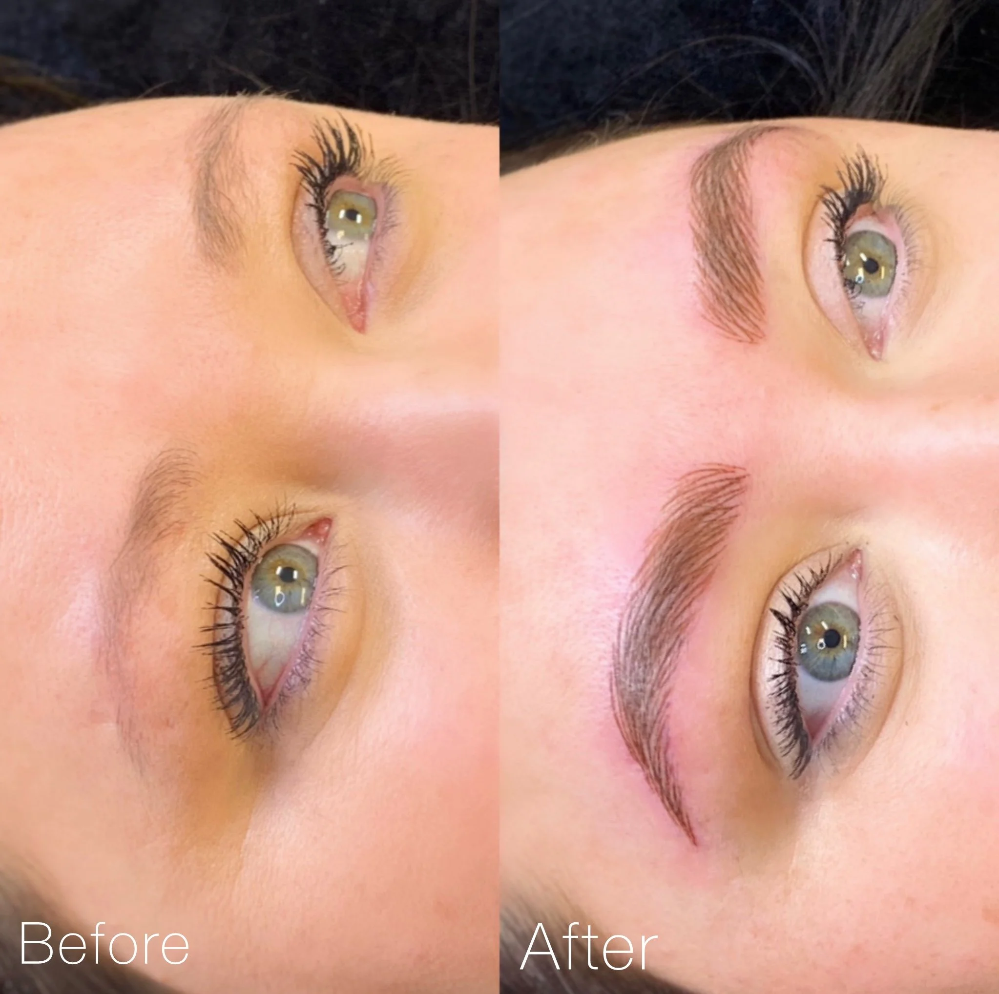 Comparison of a woman's eyebrows before and after a cosmetic procedure, showing fuller, more defined eyebrows in the after image.