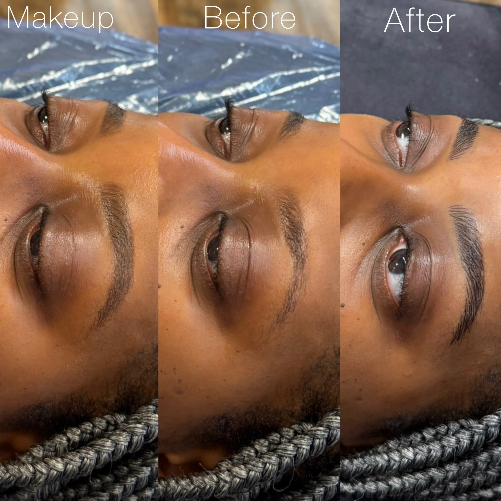 A woman lying down showing her face in three stages labeled 'Makeup,' 'Before,' and 'After,' highlighting eyebrow grooming or makeup application.