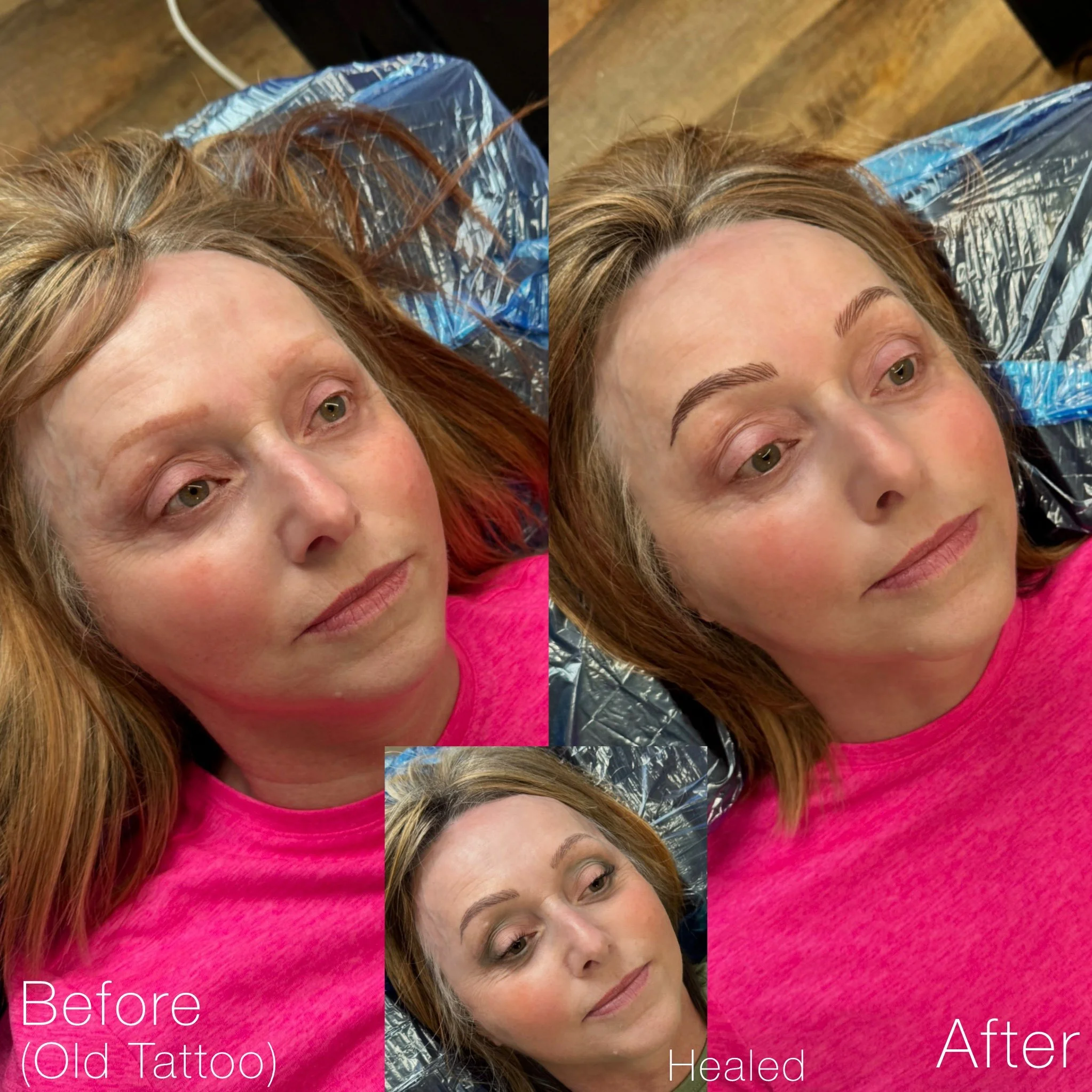 Side-by-side photos showing a woman before and after cosmetic tattooing of her eyebrows. The before photo shows her with sparse, light eyebrows, and the after photo shows her with fuller, well-defined eyebrows. She has reddish hair and is lying down 