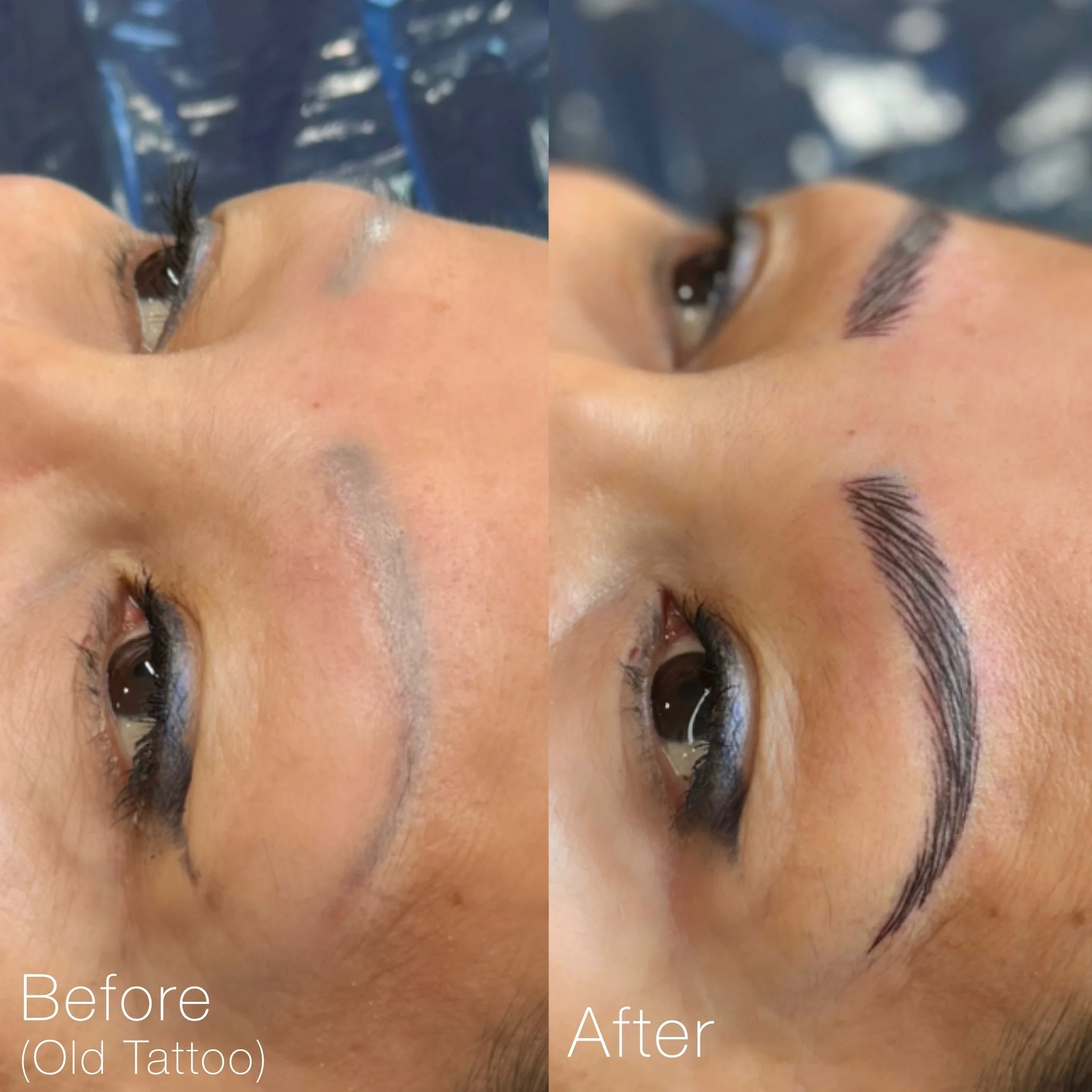 Comparison of a woman's eyebrows before and after microblading. The 'before' side shows sparse, light eyebrows with old tattooed eyebrows faintly visible. The 'after' side shows fuller, well-defined, and darker eyebrows.