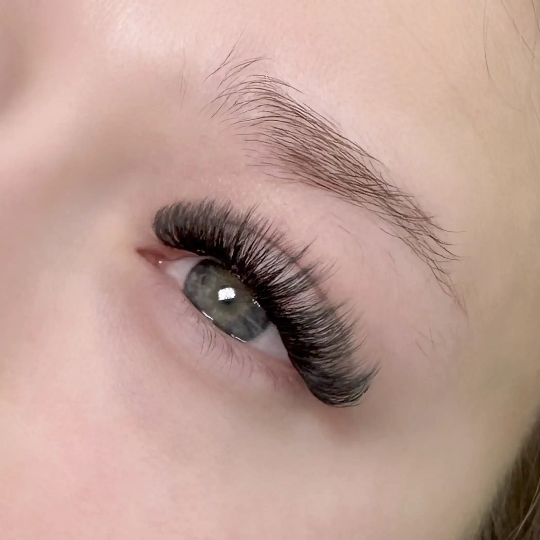 Close-up of a person's eye with long, dark eyelashes, blue iris, and neatly groomed eyebrow.