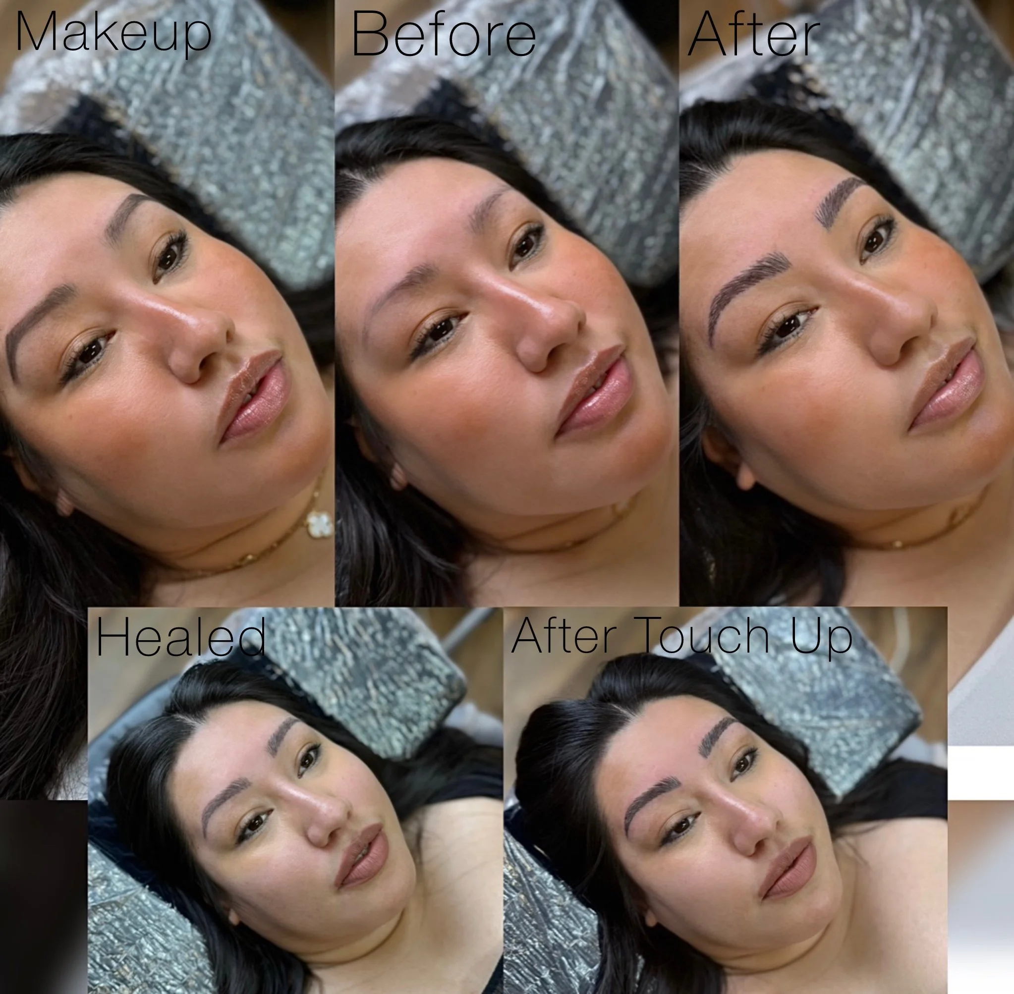 Series of five photos showing a woman before and after permanent makeup application, including stages labeled as Makeup, Before, After, Healed, and After Touch Up, with the woman lying down on a textured surface.