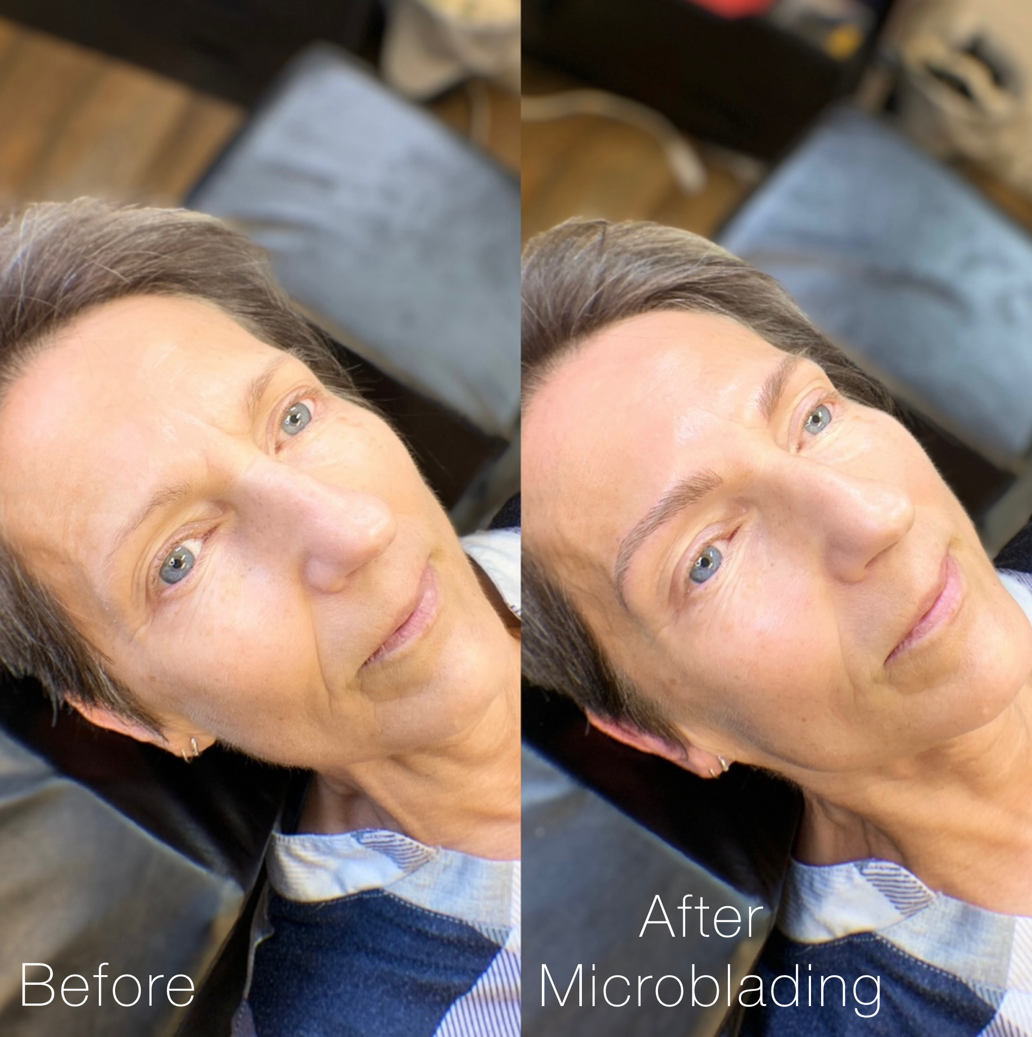 Side-by-side comparison of a woman's face before and after microblading; before shows natural eyebrows, after shows filled-in eyebrows with hair-like strokes.