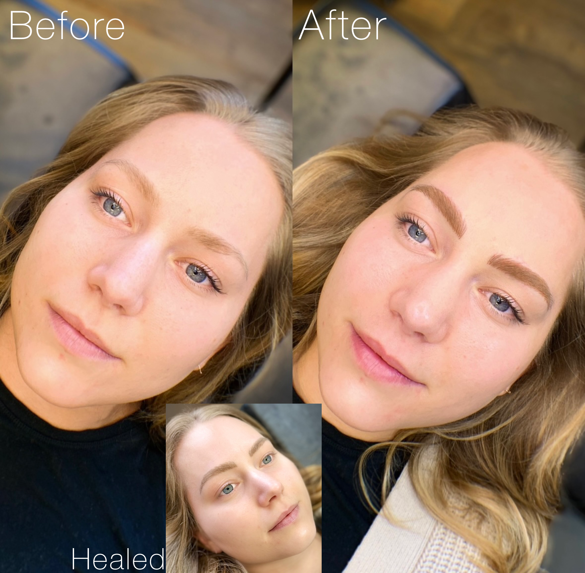 Side-by-side comparison of a woman before and after cosmetic eyebrow enhancement, showing fuller, well-defined eyebrows in the after image, with a smaller inset photo of her face showing her natural, unenhanced eyebrows.