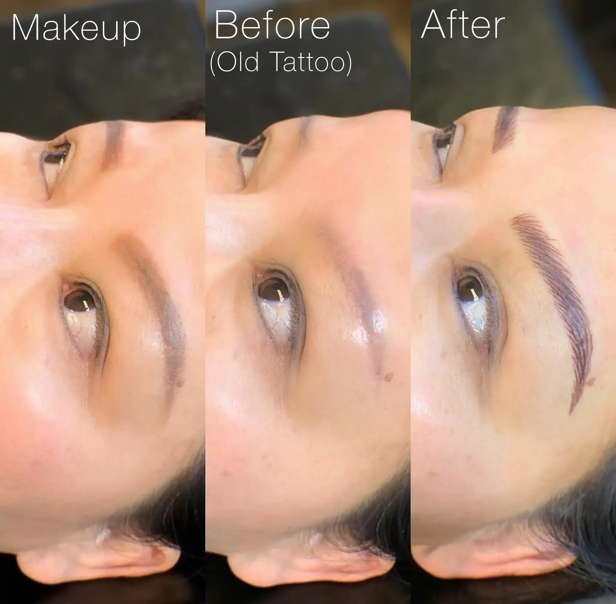 Three side-by-side photos of a woman's face showing the transformation of her eyebrows from old tattoo to newly tattooed eyebrows after makeup.