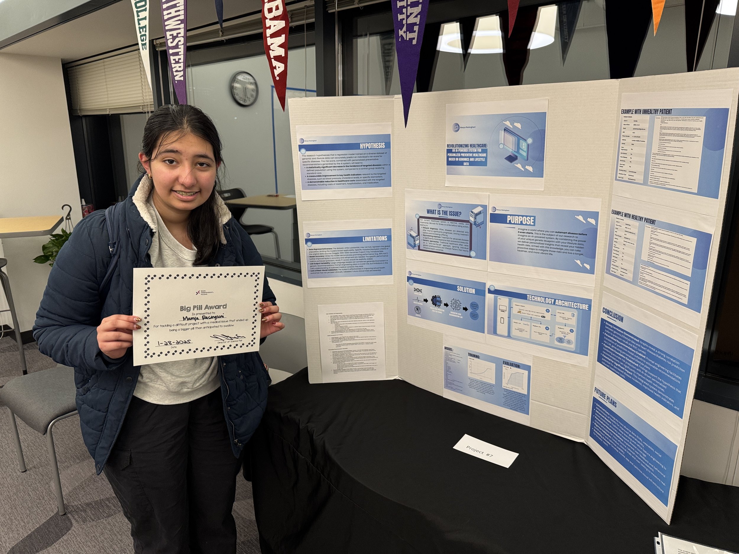 A young girl holding a certificate stands next to a research project display board at a science fair.