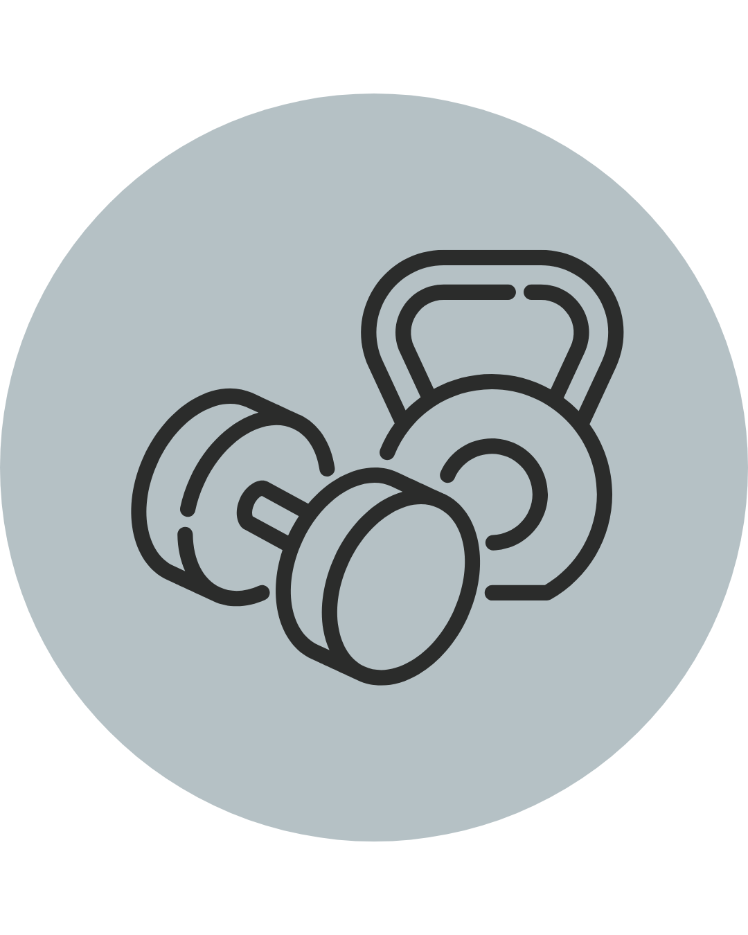 Outline drawing of a kettlebell and two dumbbells on a gray circular background.