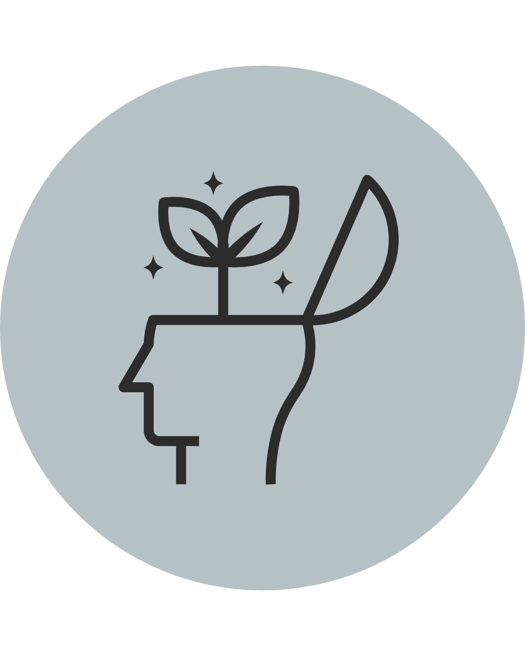 An icon of a person's head with a plant growing inside and sparkles around it, representing growth and mental wellness.