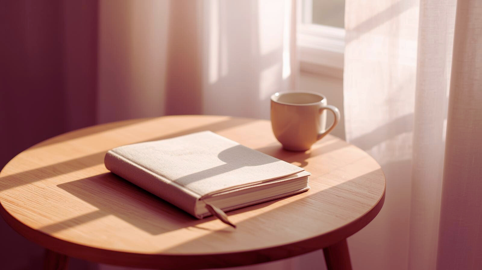 Warm wooden table with a closed journal and teacup in soft blush light, minimal and peaceful setting.