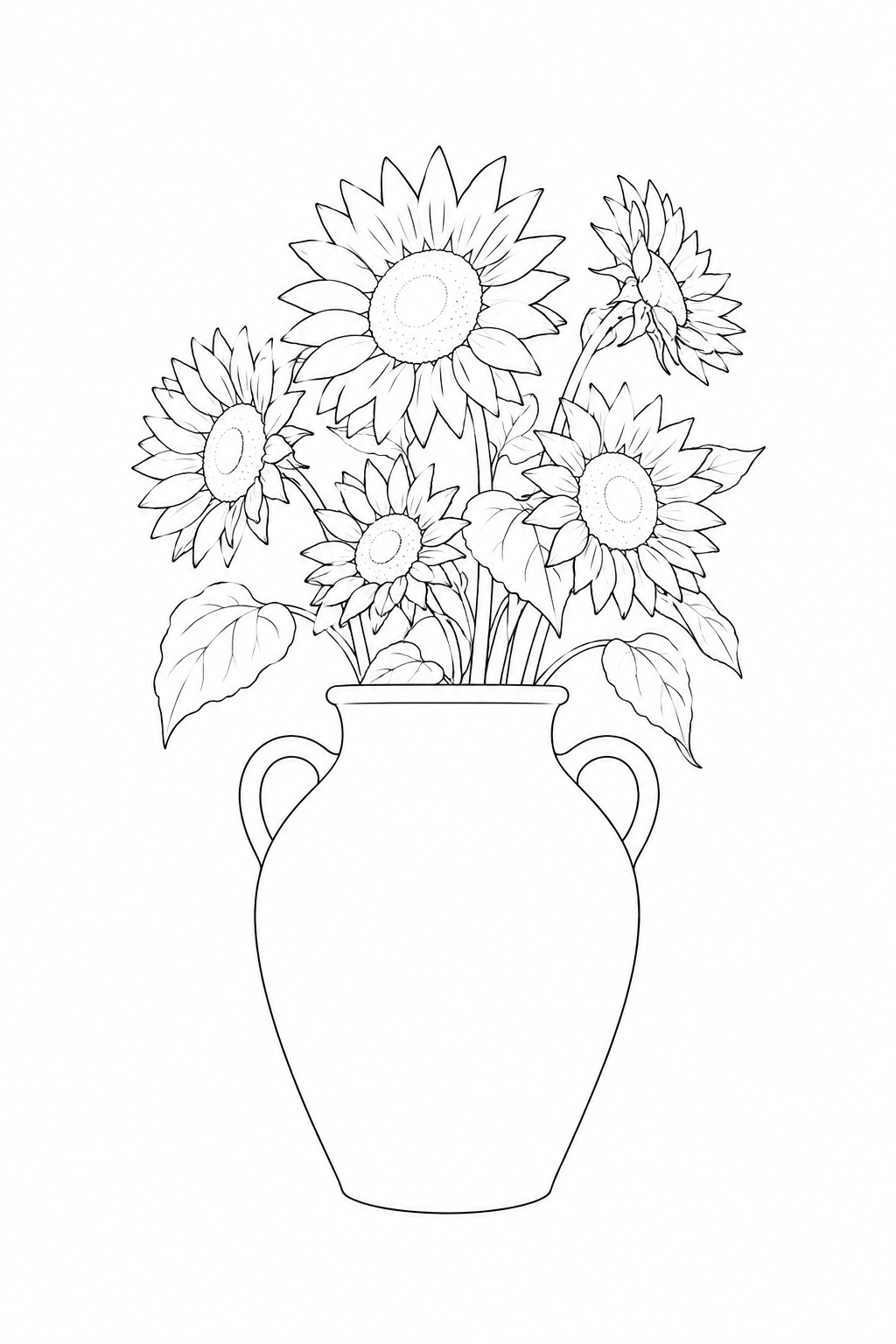 A line drawing of a vase with five sunflowers and leaves.