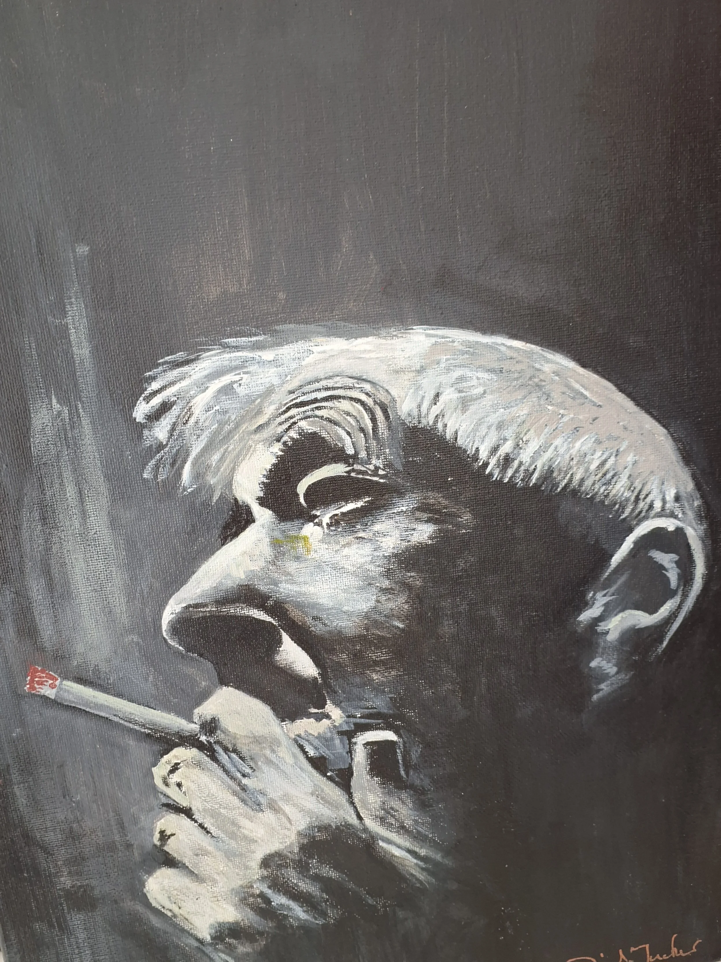 Harry Tucker, Cockney in NZ. 
Acrylic on canvas 340mm x 440mm, framed, $500.00