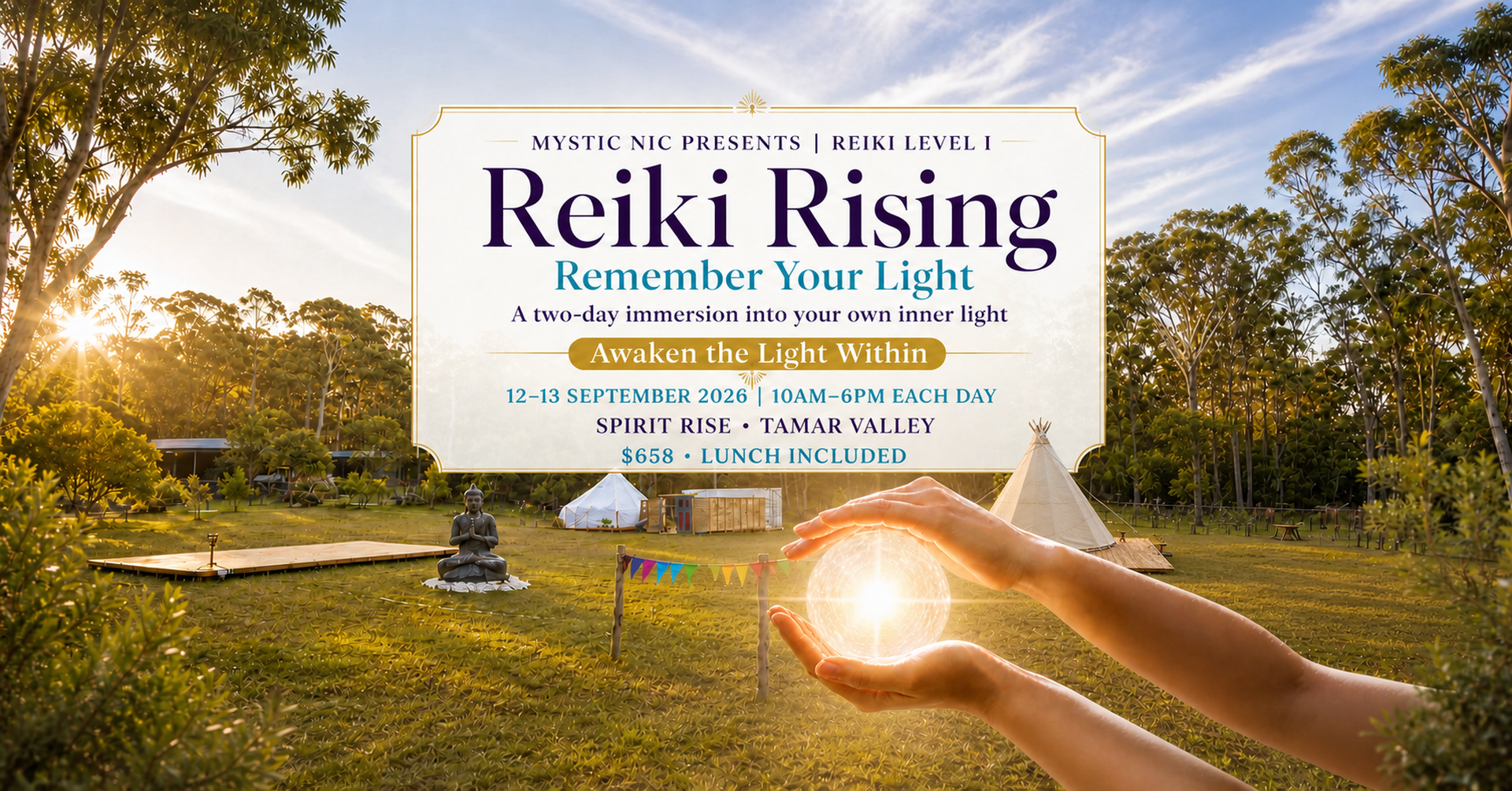 Reiki Rising — Remember Your Light, a two-day Reiki Level I retreat at Spirit Rise in the Tamar Valley