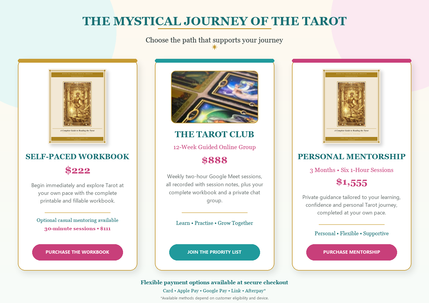The Mystical Journey of the Tarot course pathways: self-paced workbook, Tarot Club and personal mentorship.