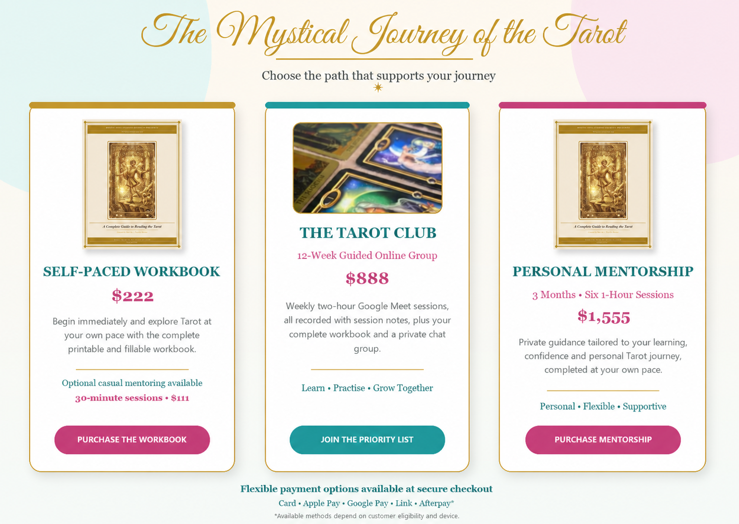 The Mystical Journey of the Tarot course pathways: self-paced workbook, Tarot Club and personal mentorship.