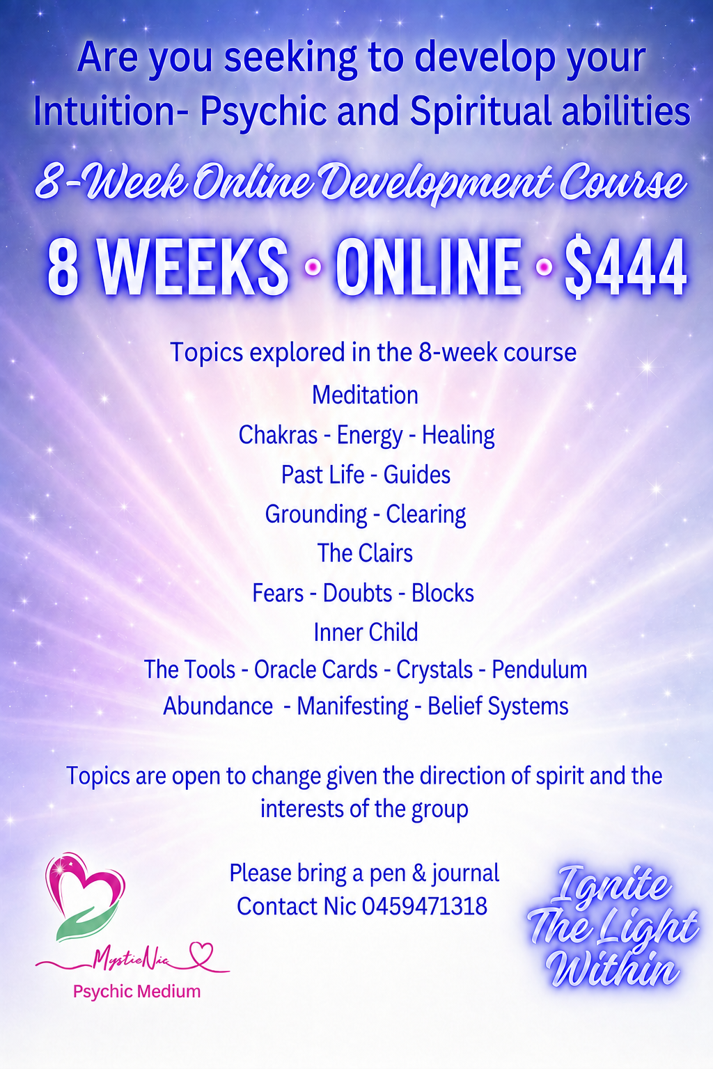 Mystic Nic 8-week online psychic and spiritual development course flyer, A$444.