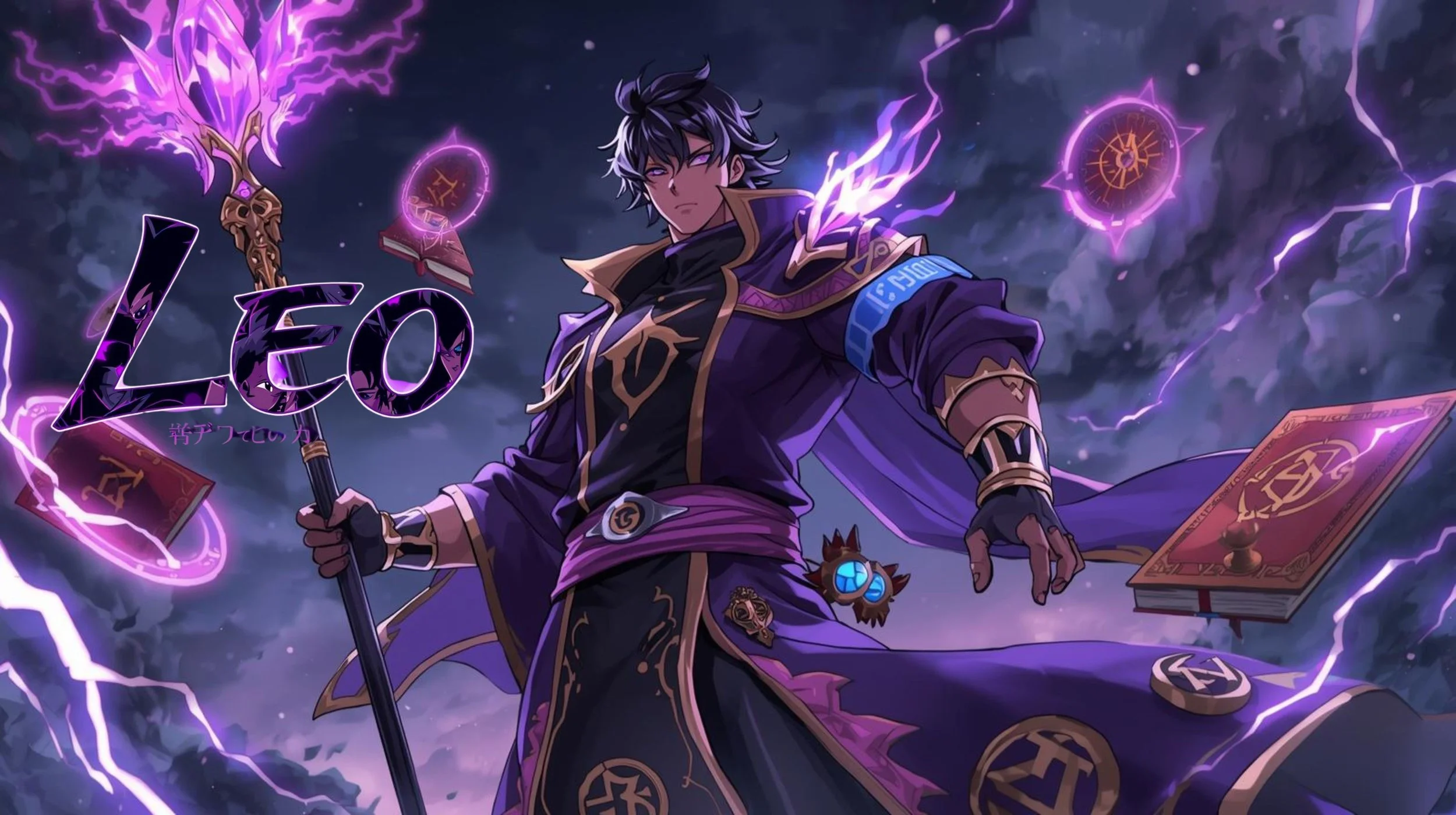 A fantasy character with dark hair and purple eyes, dressed in a dark purple and gold robe, holding a staff with a glowing purple crystal, surrounded by floating magical books and symbols, with lightning in the background, and the name 'LEO' written in stylized purple letters.