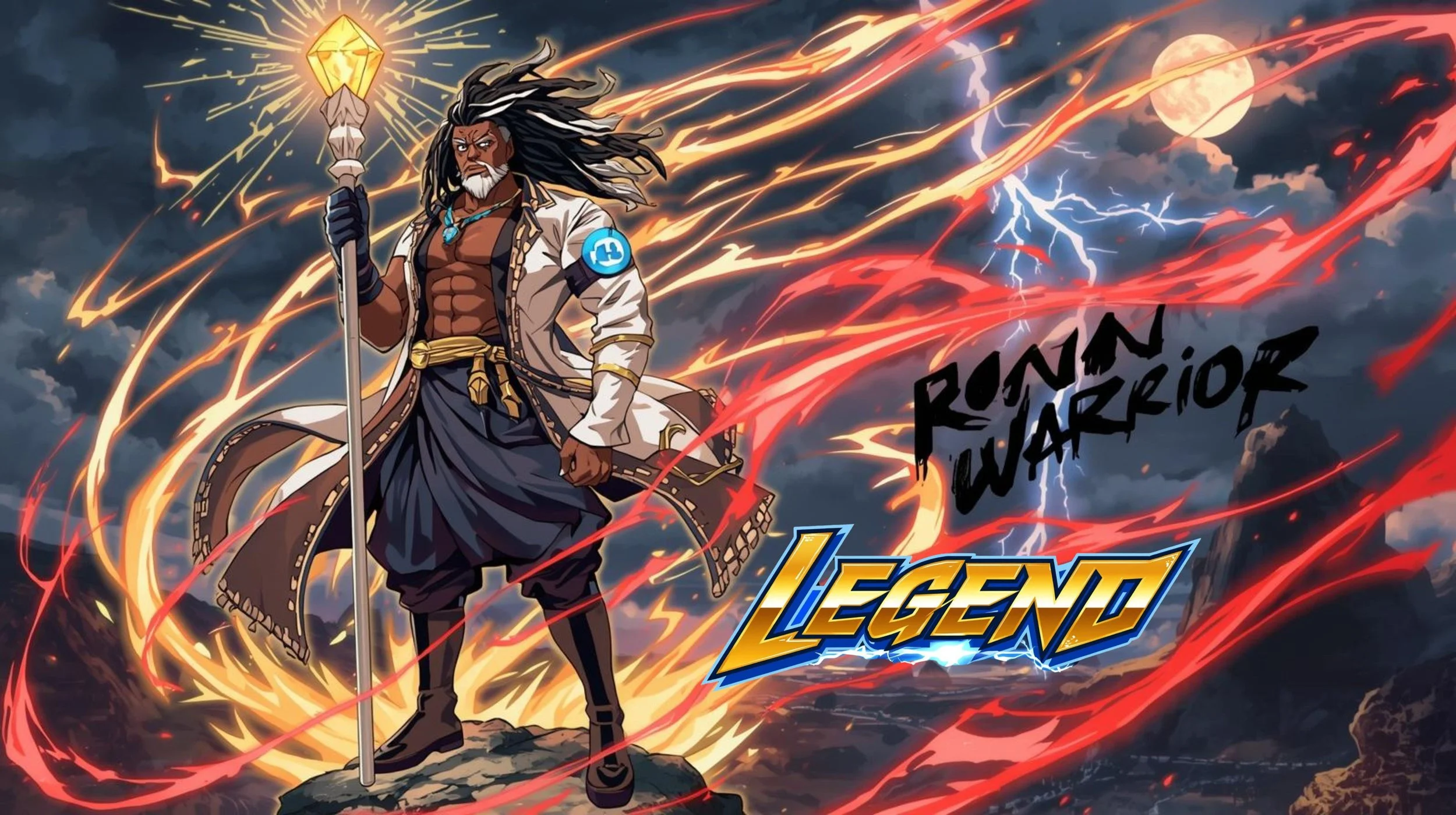 A fantasy warrior stands on a rocky terrain, holding a staff topped with a glowing yellow crystal. He has long dark hair, a beard, and wears a white coat with gold accents, dark pants, and boots. The background features stormy clouds with lightning and a full moon. Red and orange energy streams swirl around him. The words "Ronan Warrior" are written in black, and the word "Legend" appears in bold yellow and blue lettering.