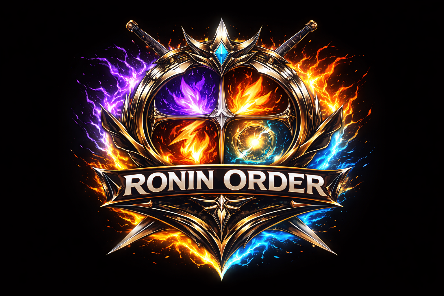 A fantasy-style emblem with four colored elements (purple, yellow, red, blue) surrounding a metallic shield, with swords crossed behind it and flames in each color. The text 'RONIN ORDER' is displayed across the bottom.