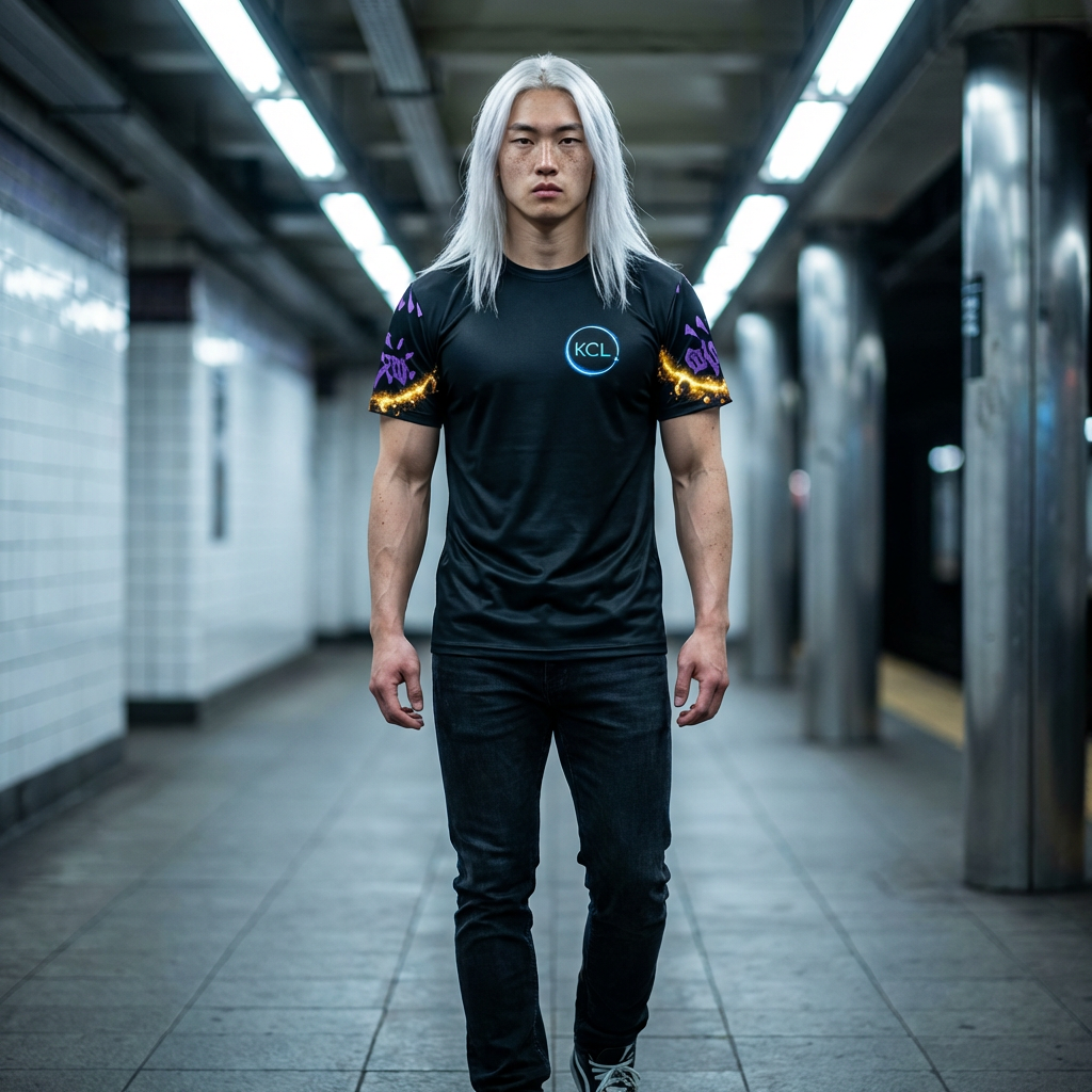 Young man with long silver hair standing in a subway station, wearing a black t-shirt with colorful and glowing design elements, and black jeans.