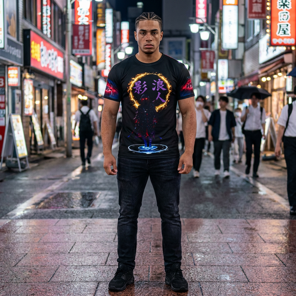 A young man standing in a busy, brightly lit city street at night with neon signs. He is wearing a black graphic t-shirt and black pants, looking directly at the camera.