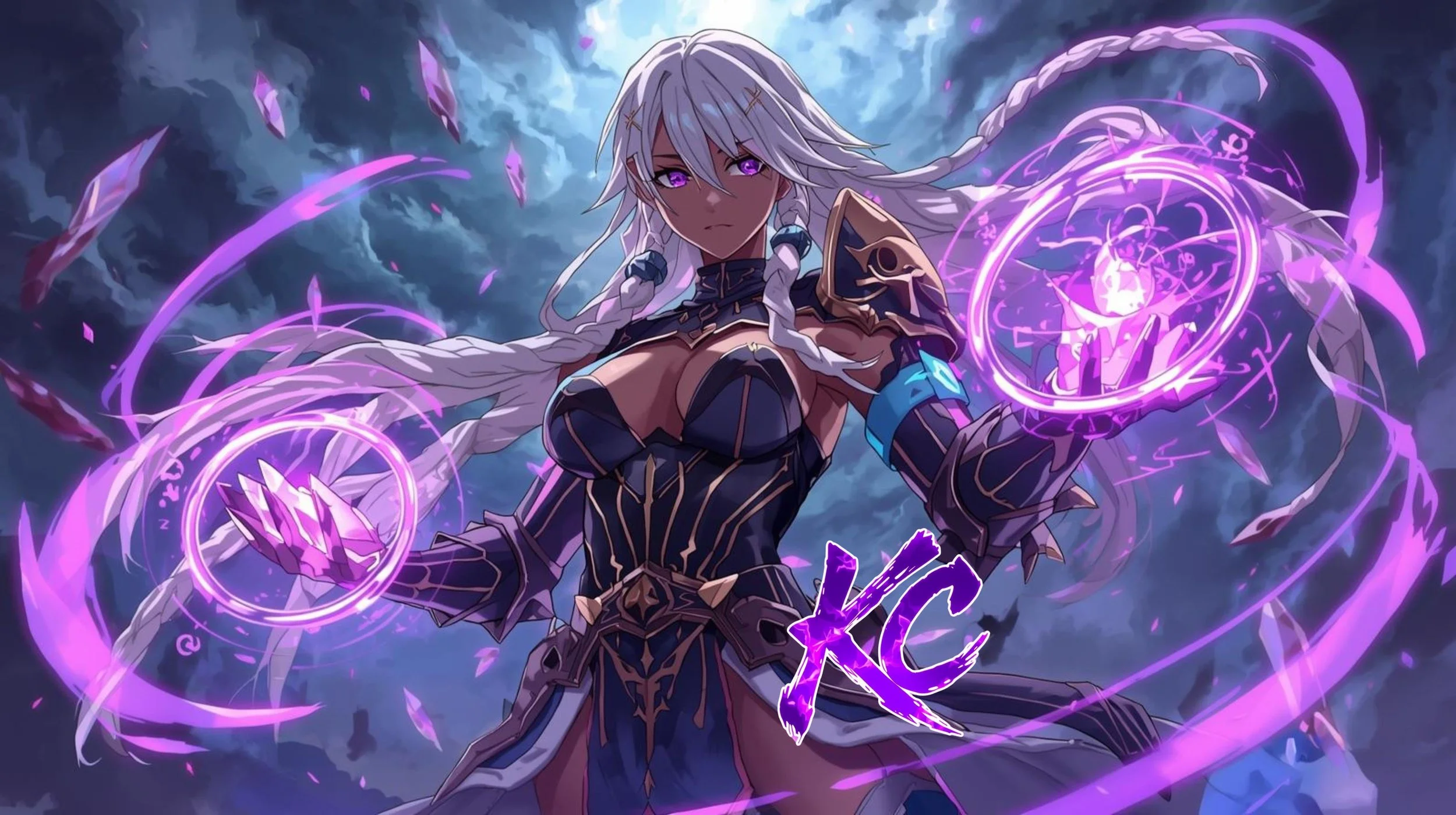 A fantasy female character with white hair, purple eyes, and dark armor, holding glowing purple magical symbols, with a stormy sky background.