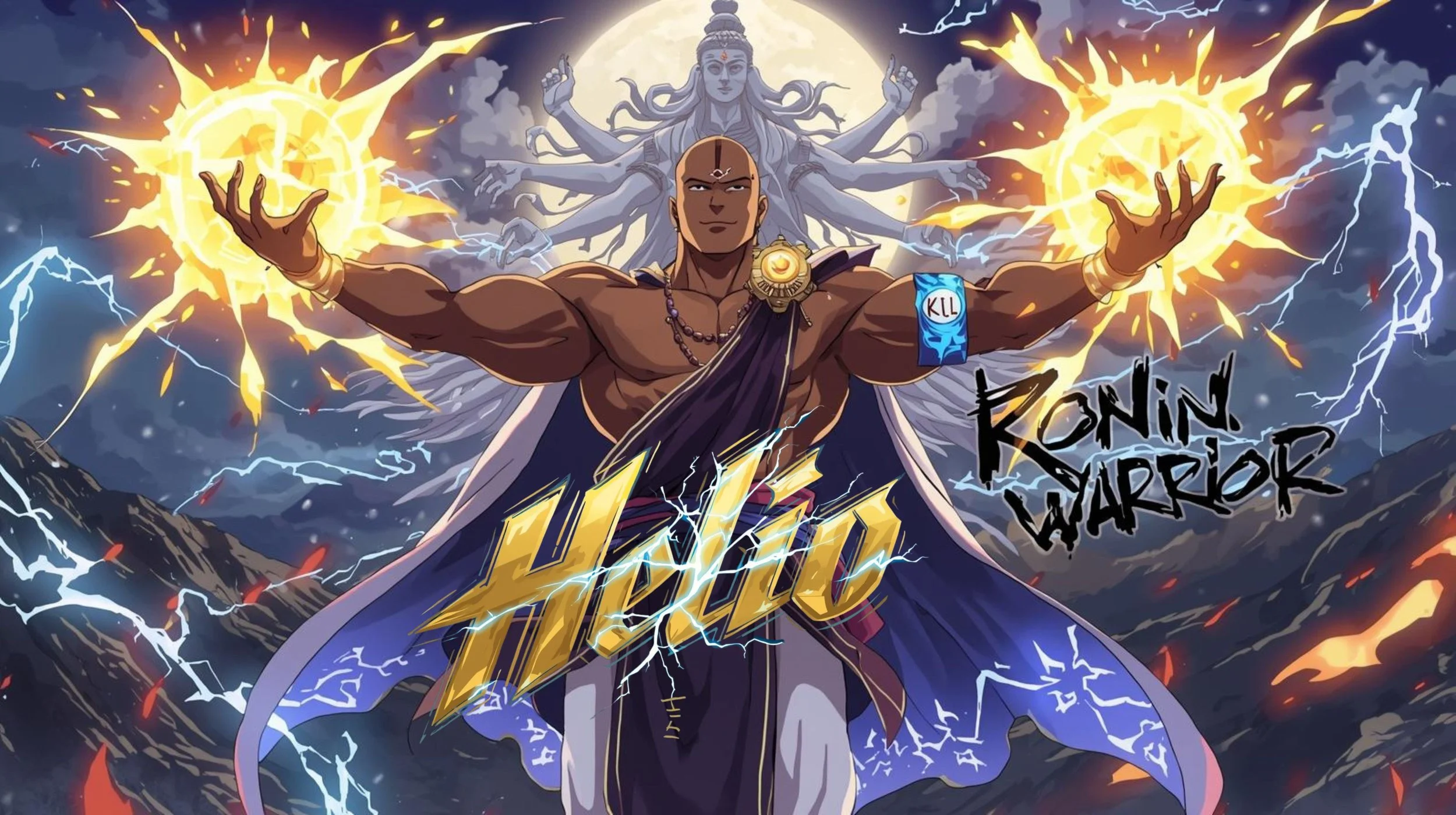 Illustration of a muscular deity-like figure with dark skin, bald head, and traditional jewelry, standing with arms outstretched amidst lightning and stormy clouds. A large radiant figure with multiple arms and a serene face appears behind them, with volcanic mountains and lightning in the background. Text includes a stylized logo reading 'Hero' and the words 'Koning Warrior'.