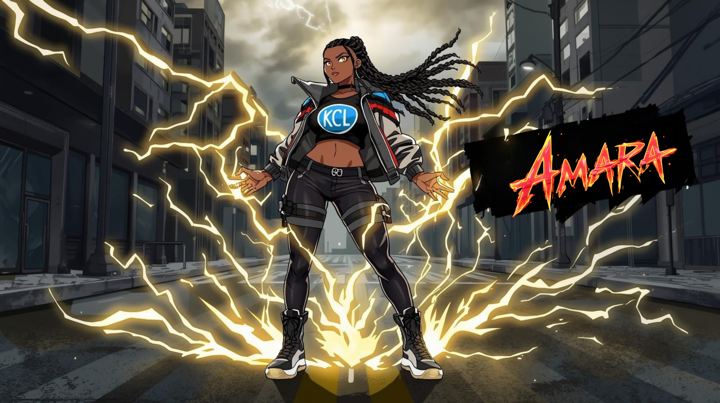 Amara Storm Division warrior from the Ronin Order anime streetwear universe controlling lightning powers