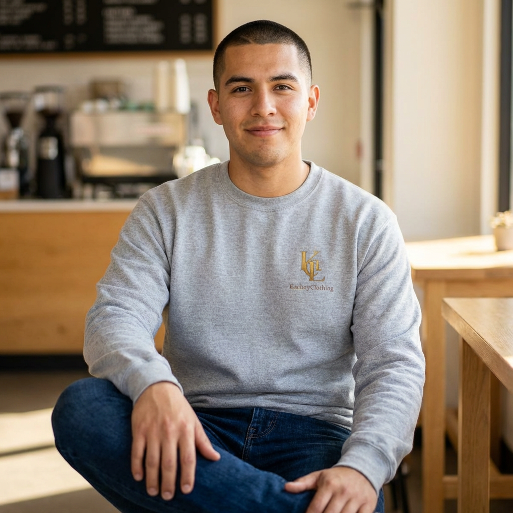 Young man sitting at a table in a coffee shop, smiling at the camera, wearing a grey sweatshirt with a logo on it.
