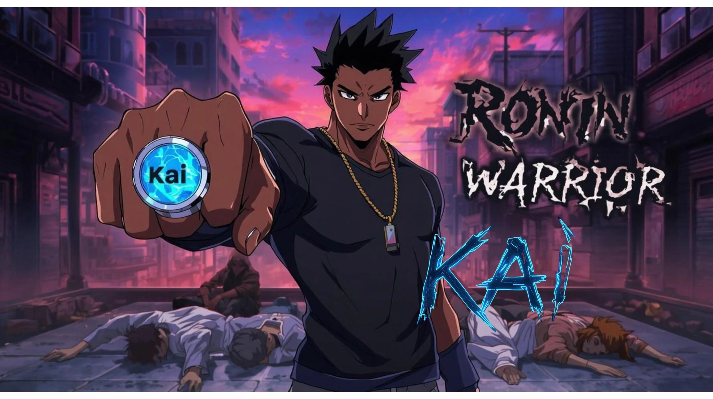 Anime-style illustration of a dark-skinned young man with spiked hair, wearing a black T-shirt and gold chain, holding a glowing blue coin with 'kai' written on it. Behind him, a cityscape at sunset with a purple and pink sky. The words 'RONIN WARRIOR' are displayed in jagged font, and there are three characters lying on the ground behind him.