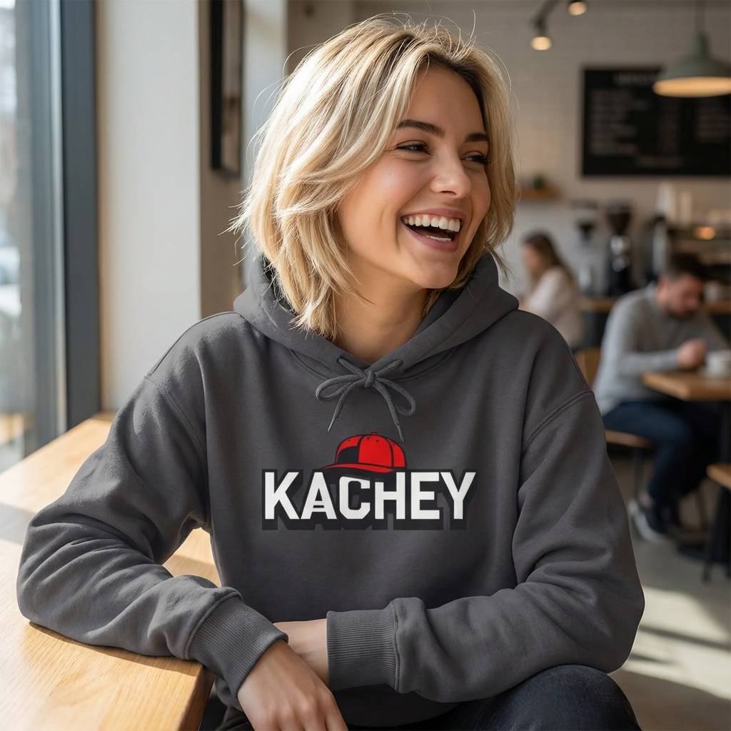 A young woman with blonde hair smiling, wearing a gray hoodie with a red baseball cap graphic and the word 'KACHEY' printed on it, sitting in a coffee shop.