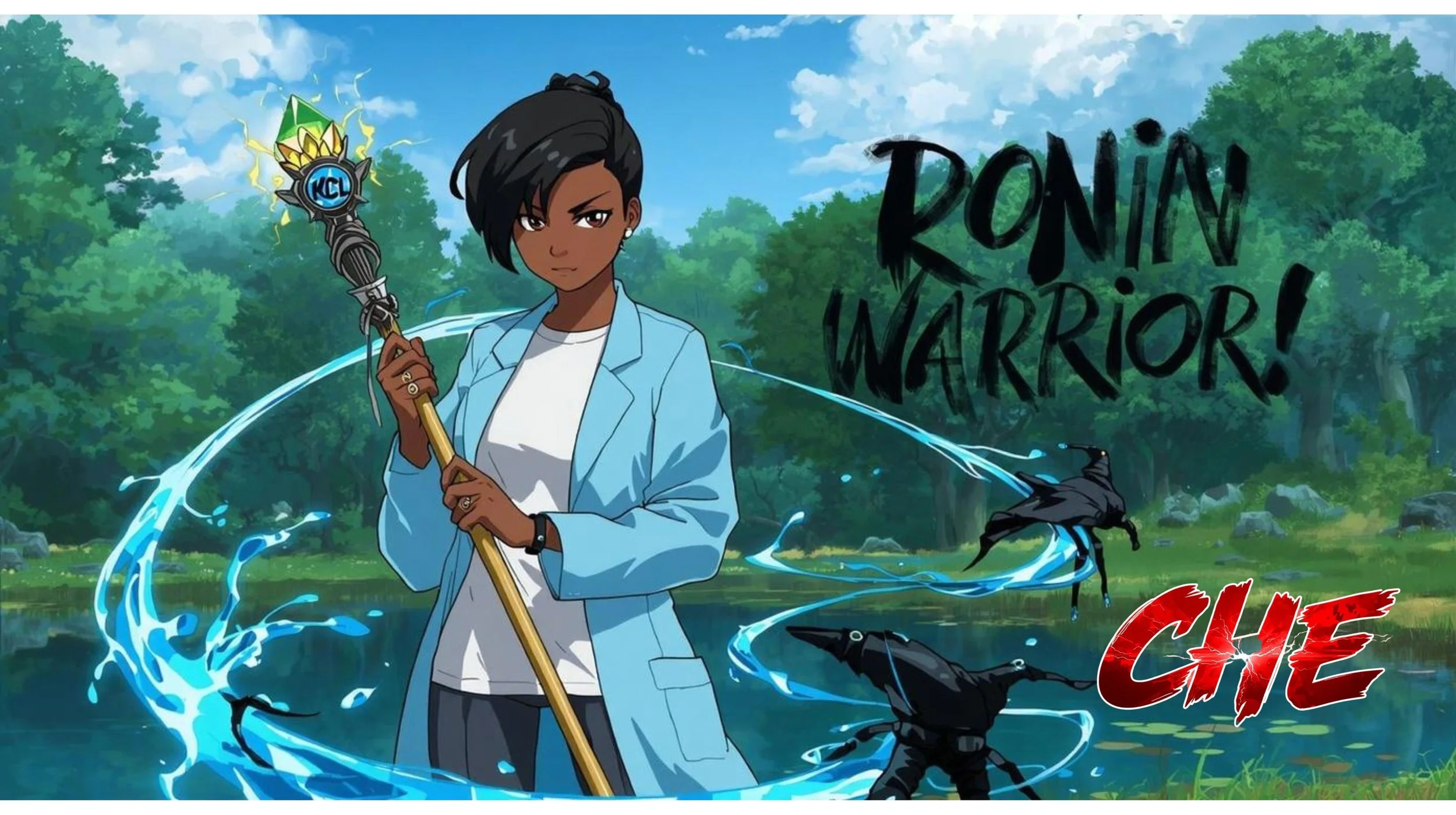 An animated character, a young woman with short black hair, holding a staff with a glowing symbol, standing in a forest with two black cybernetic bugs, and the text 'Ronin Warrior! Che' in bold letters.