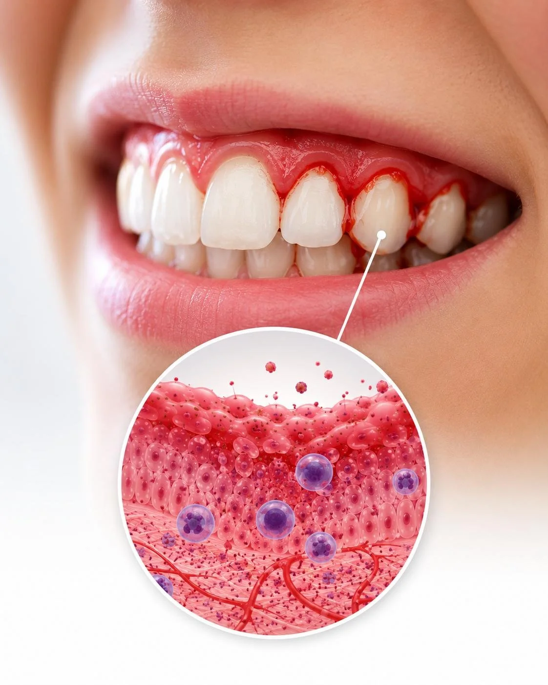 Microscopic illustration of bleeding inflamed gums showing early signs of gingivitis, gum disease, and oral inflammation during a dental hygiene assessment in Langley BC.