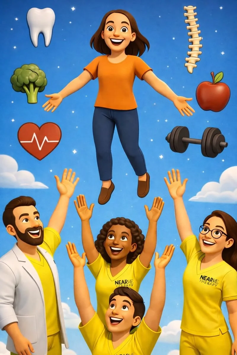 a female smiling patient is propelled physically upwards by near me therapy practitioners with symbols of health good nutrition good dental hygiene around her