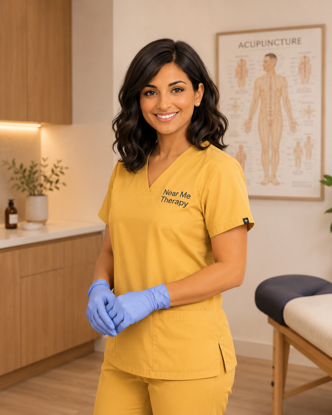 Near Me Therapy Acupuncturist standing in yellow scrub and blue gloves awaiting her client in langley bc with neutral cabinetry in the background and poster of acupuncture and the body.