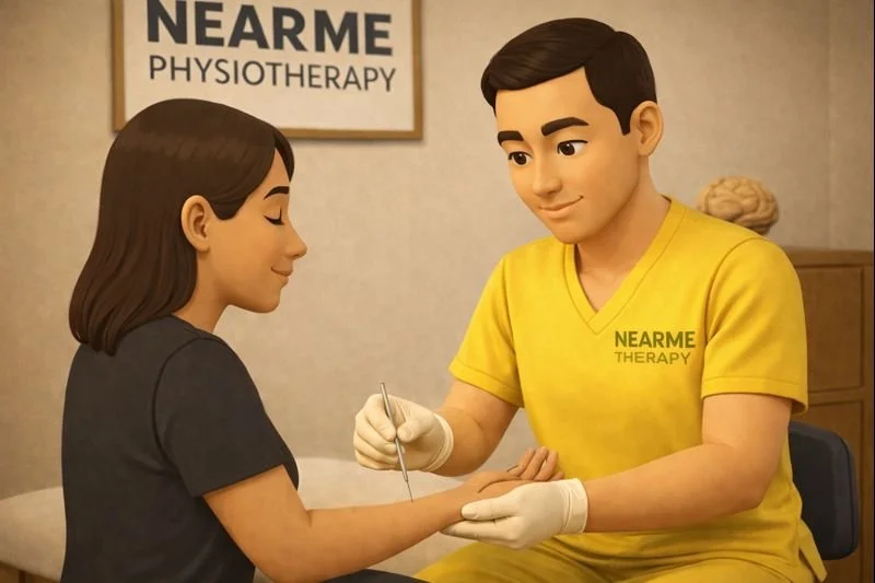 Near Me Therapy Langley Physiotherapist is performing a test on a patient who is smiling and attentively waiting for clinical impressions