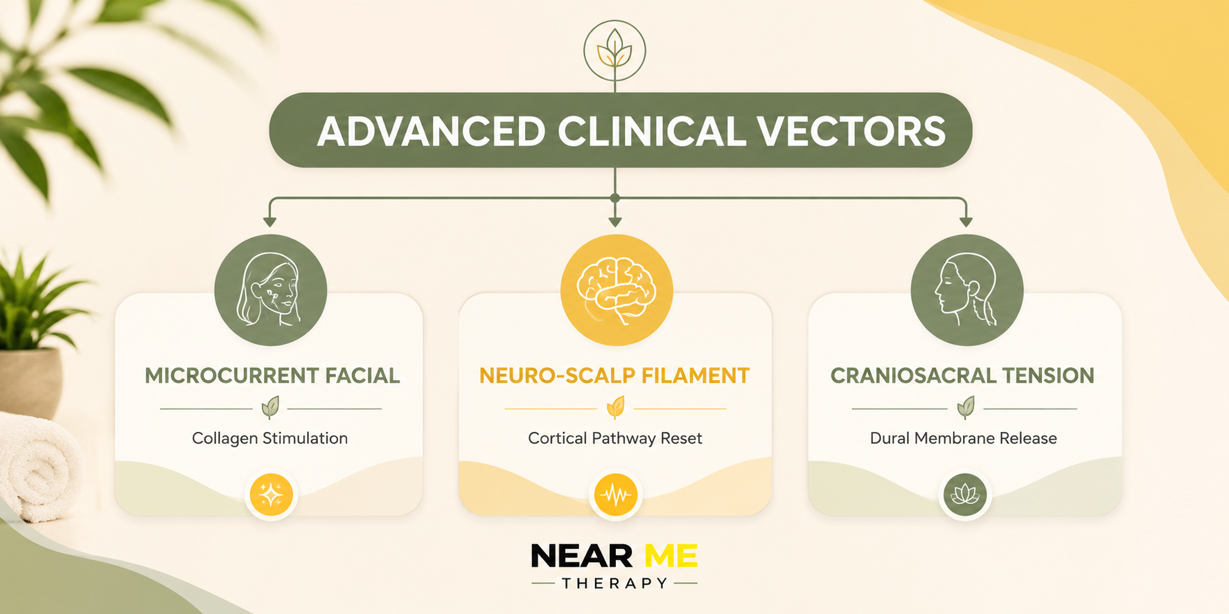 Diagram titled 'Advanced Clinical Vectors' displaying three categories: Microcurrent Facial with collagen stimulation, Neuro-Scalp Filament with cortical pathway reset, and Craniosacral Tension with dural membrane release, with surrounding decorative plants.