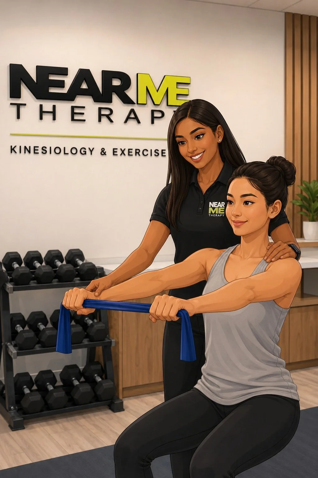Near me therapy kinesiologist standing behind asian canadian patient who is using a band and pulling in a straight t manner both smiling