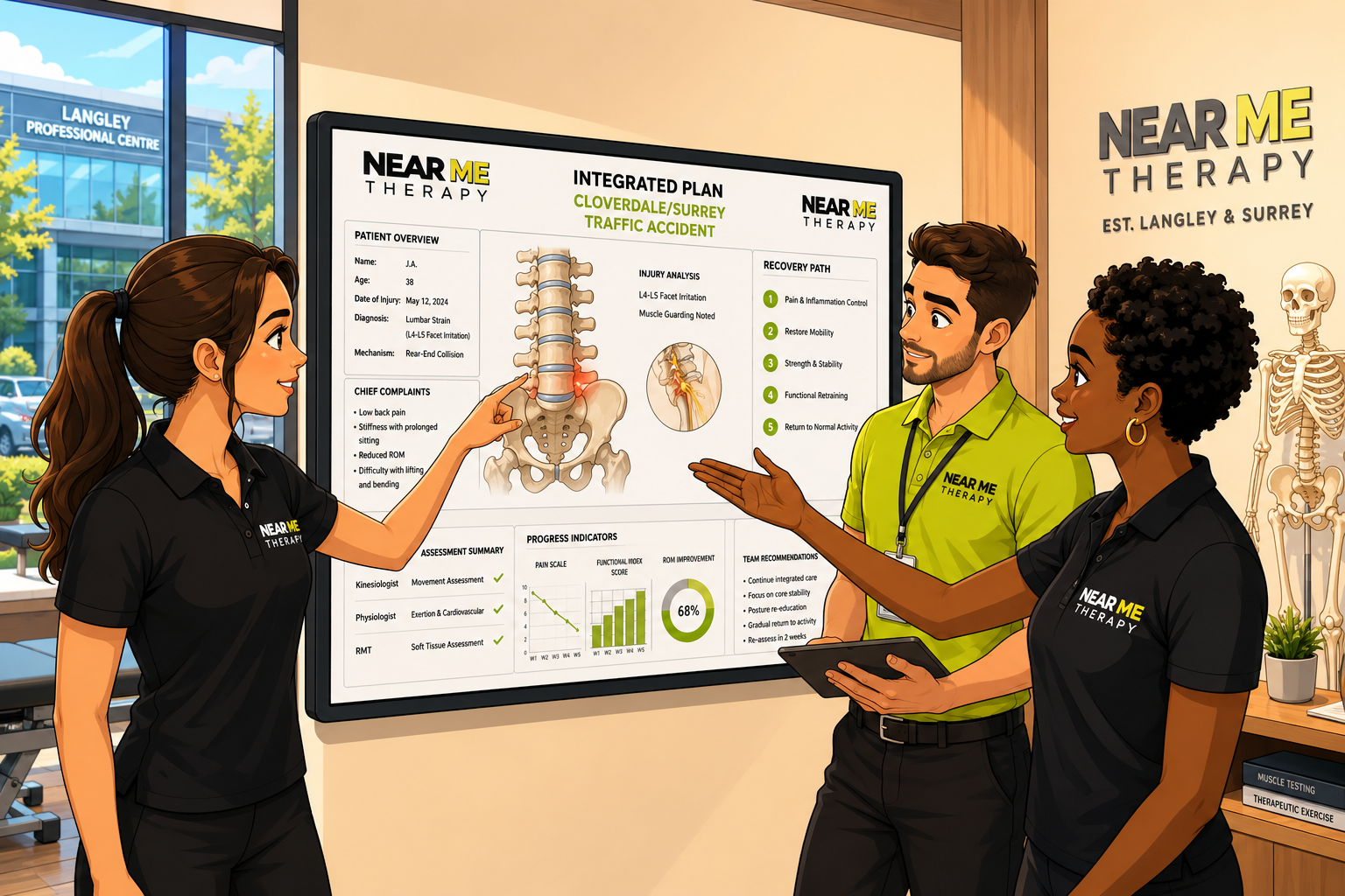 a group of near me therapy practitioners conversing over a care trial of a client no charge icbc car accident recovery plan cartoon in black and yellow attire and all pointing to a digital screen board with imagery of the body and strategies