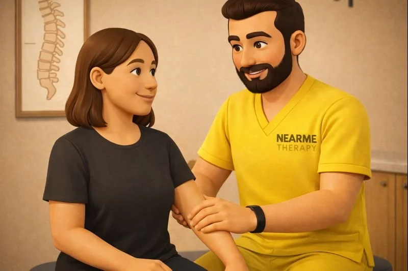 Near Me Therapy Chiropractor Shervin Ranjbar assessing smiling female patient for elbow pain in calm environment in langley BC