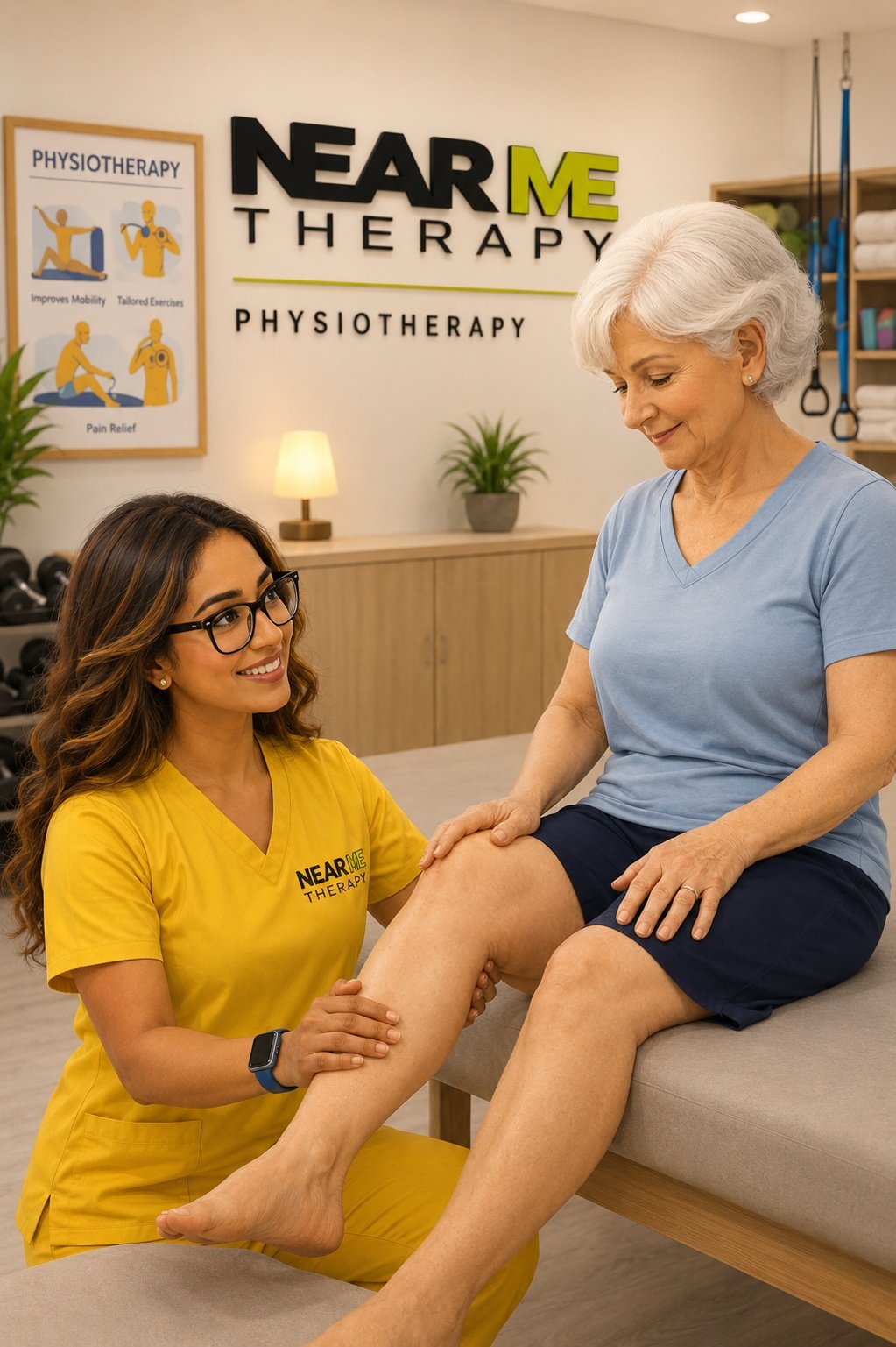female physiotherapist in langley bc at near me therapy is in yellow scrubs on the left holding the leg of an older patient who is in need of therapy