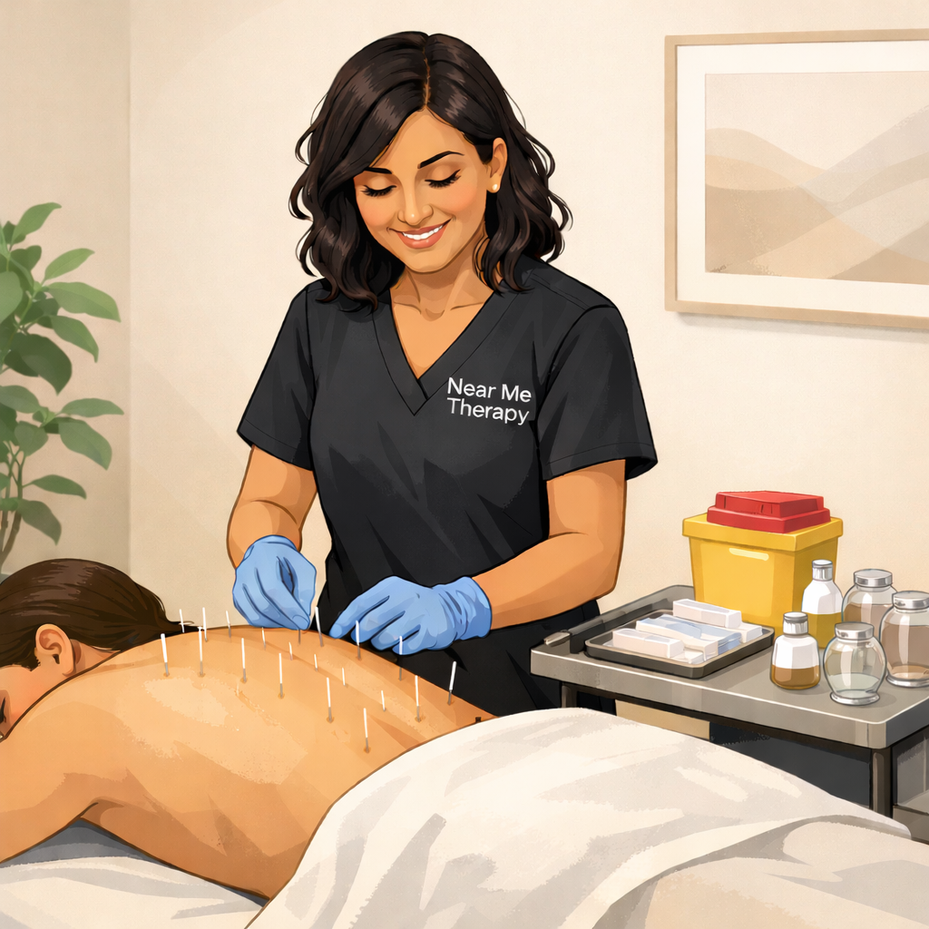acupuncturist at near me therapy in black scrubs and smiling is performing acupuncture on patient facing down gowned below waist with multiple therapy needles placed.