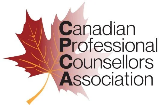 Logo of the Canadian Professional Counsellors Association featuring a stylized red and pink maple leaf with black and pink text.