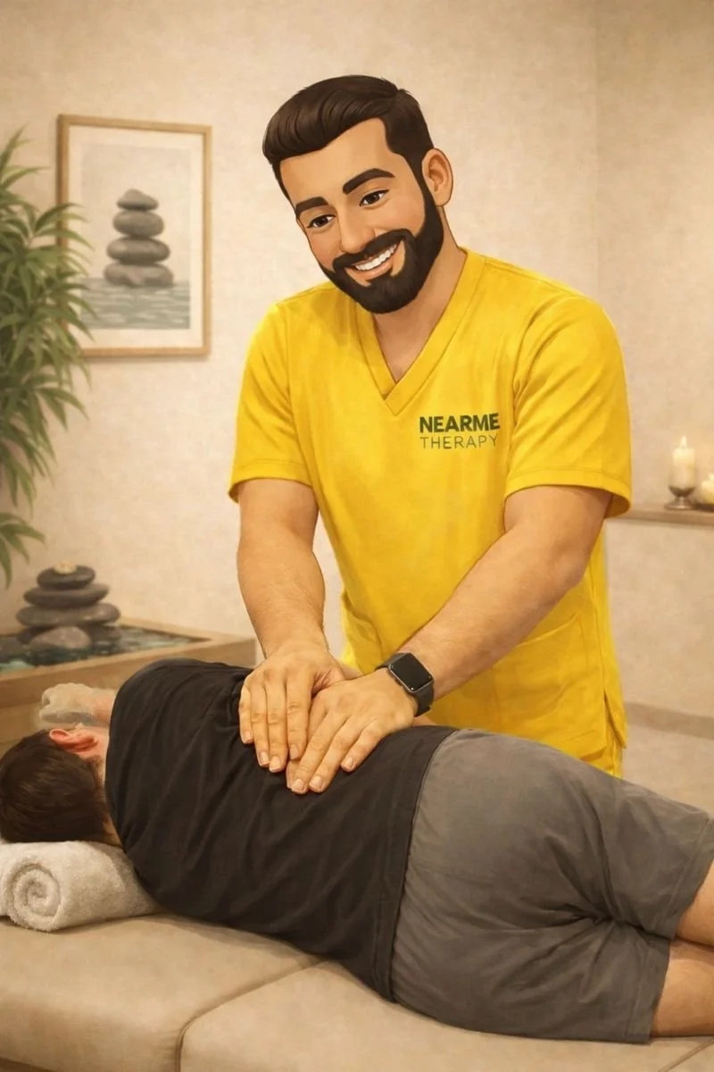 shervin chiropractor cartoon in yellow scrubs treating patient laying on the side