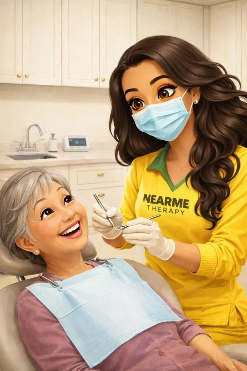 kamelia bahrini dental hygiene practitioner treating a female older asian canadian patient who is smiling waiting for examination kamelia wearing yellow scrubs with mask on in langley bc