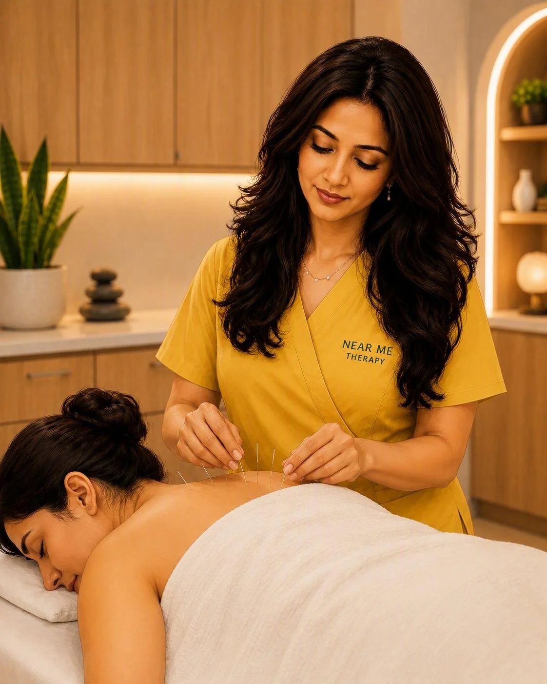 Riyaa Singh registered acupuncturist in yellow scrubs providing acupuncture on a patient draped and faced down with needles applied to upper back wood coloured trim and warm lighting and plants in background